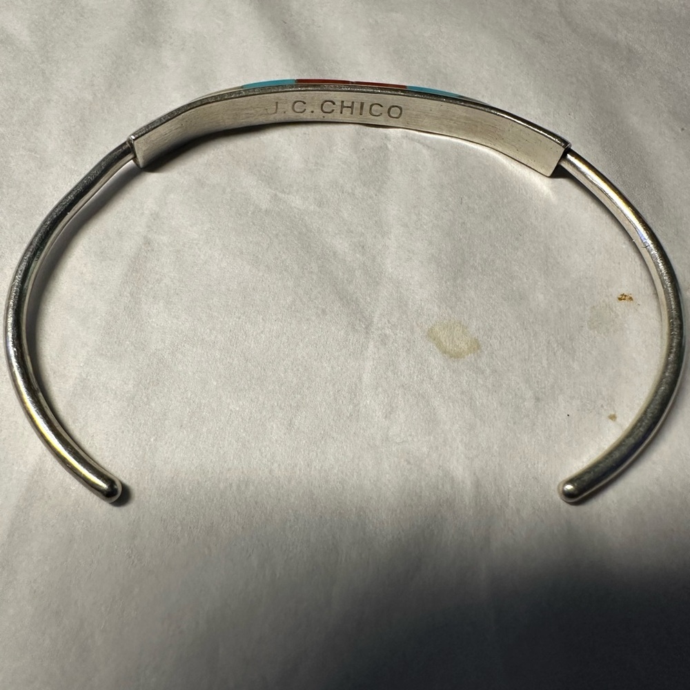 Vintage handmade Native American Zuni inlaid turquoise silver cuff bracelet - Picture 11 of 12